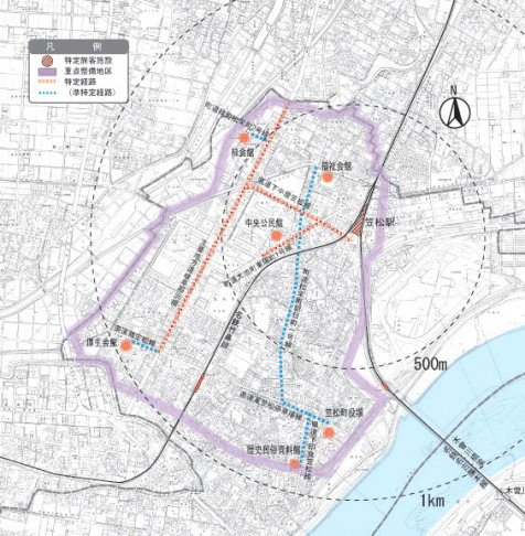 笠松町交通バリアフリー重点整備地区を示した図