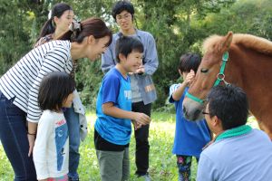 ポニーに触れる子どもたち